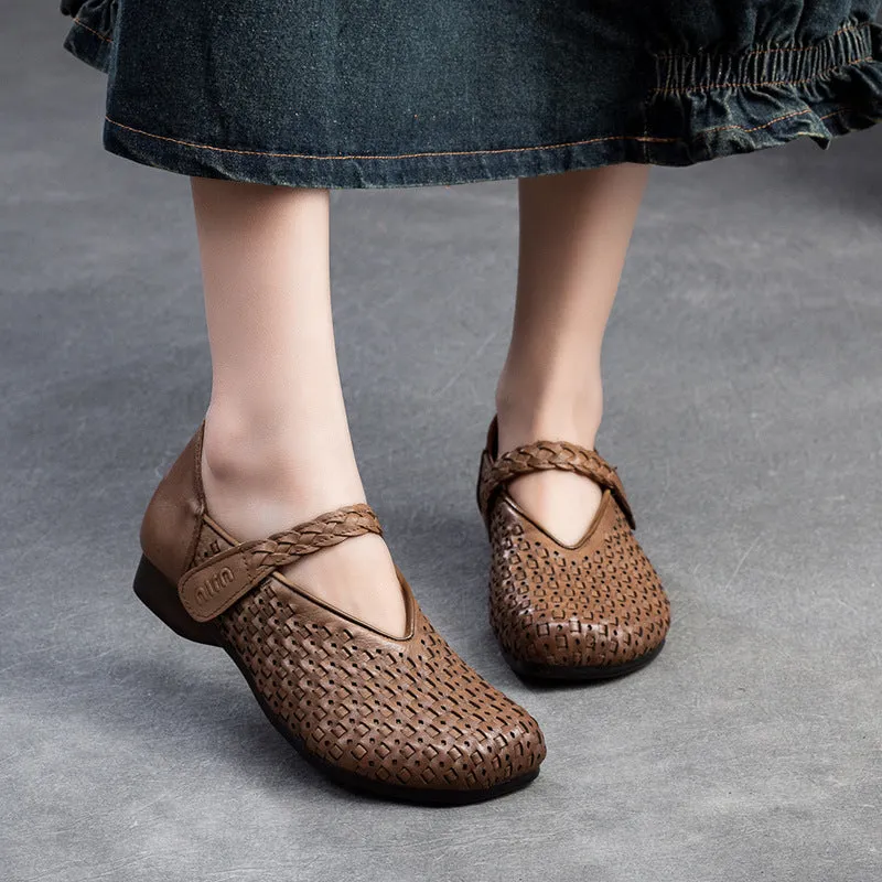 Ballerine da donna in morbido velcro in pelle intrecciata retrò