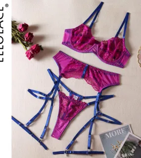 Ellolace Lingerie femminile Intimo porno in pizzo trasparente Intimo senza censure Sensuale Reggiseno trasparente Set 5 pezzi Fi