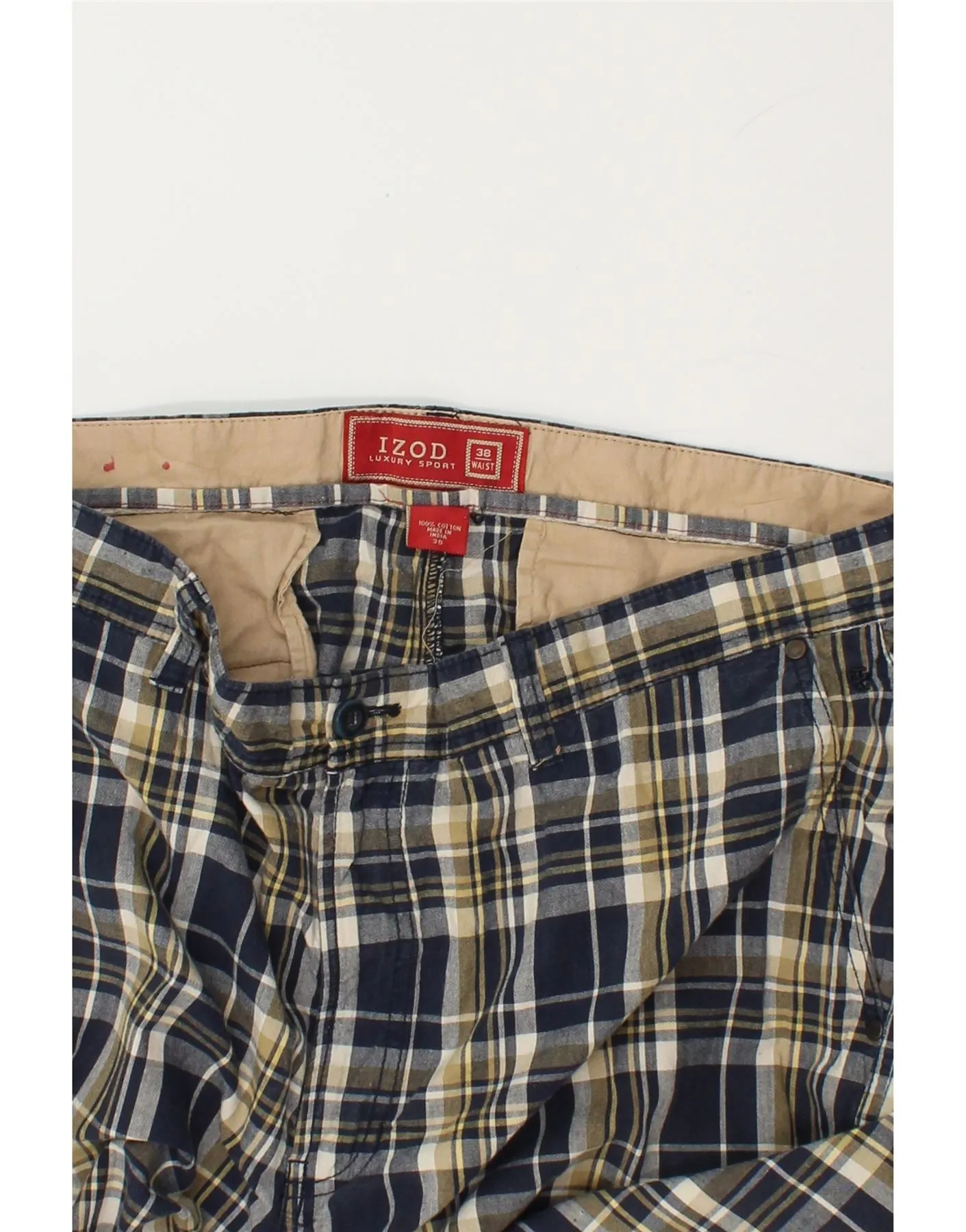IZOD Mens Chino Shorts W38 XL Navy Blue Check Cotton