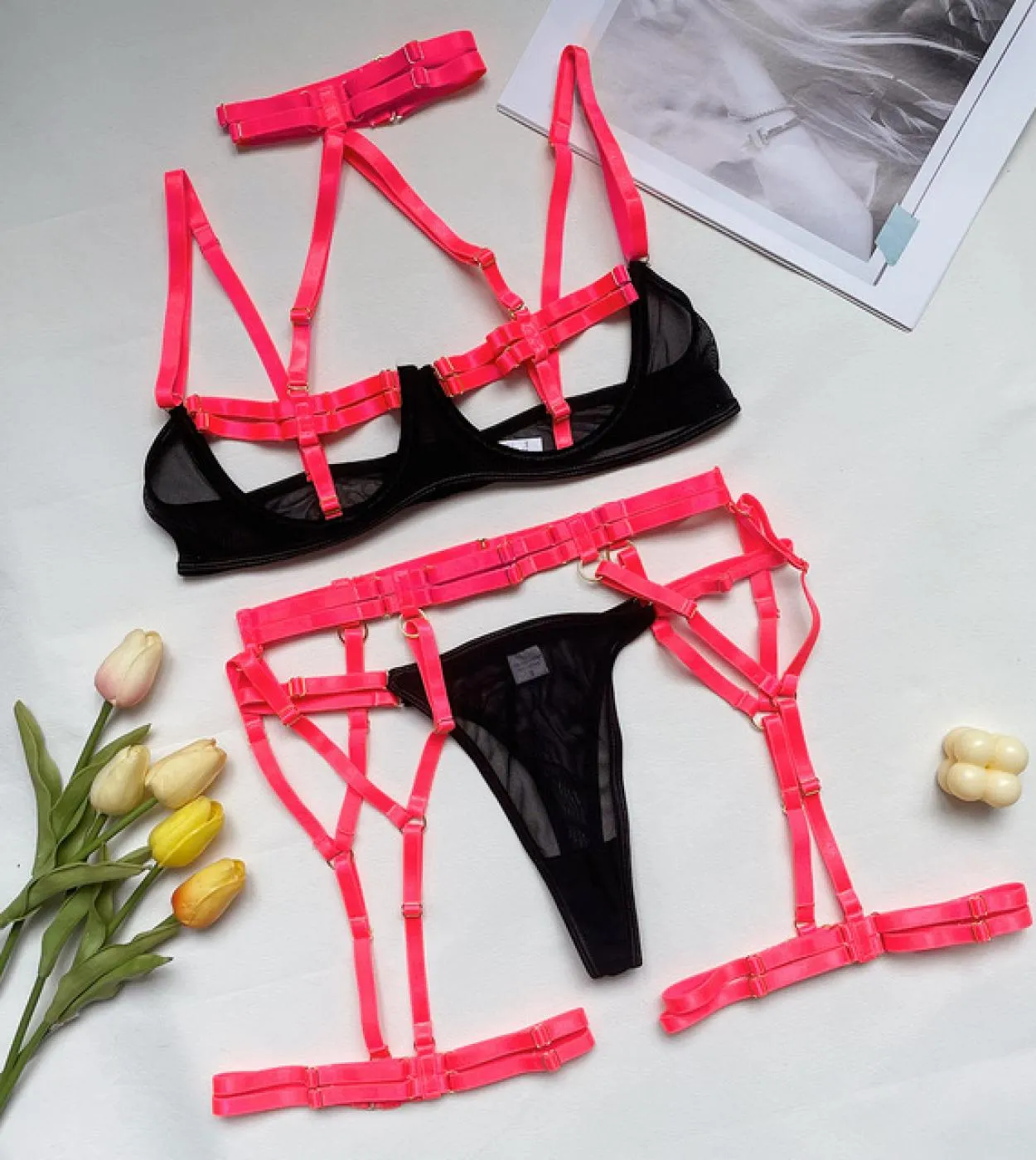 Neon Lingerie Set Neon Colors Lingerie Neon Underwear Women 3piece Bandage