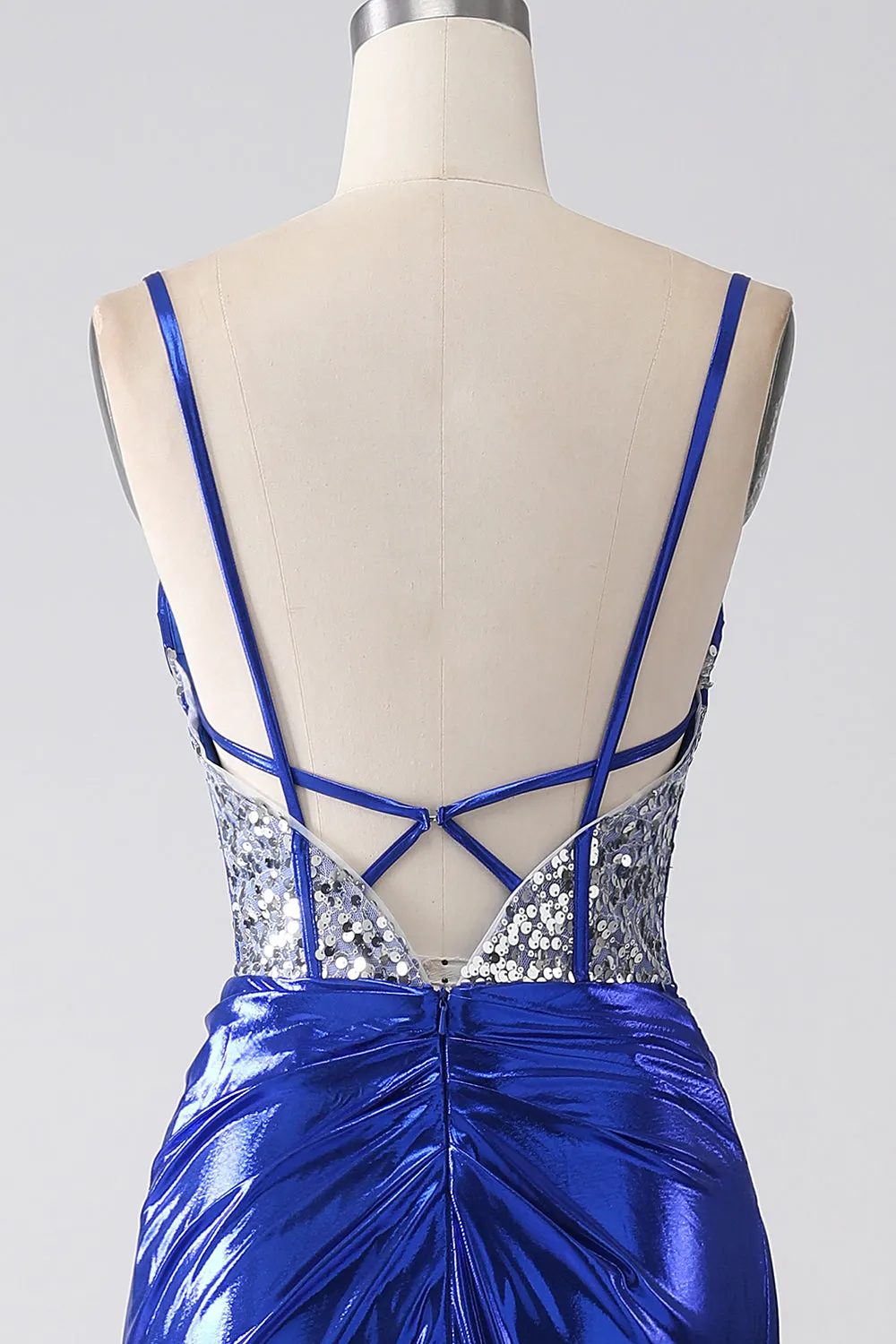 Royal Blue Mermaid Sparkly Paillettes Corsetto Abito da ballo con fessura