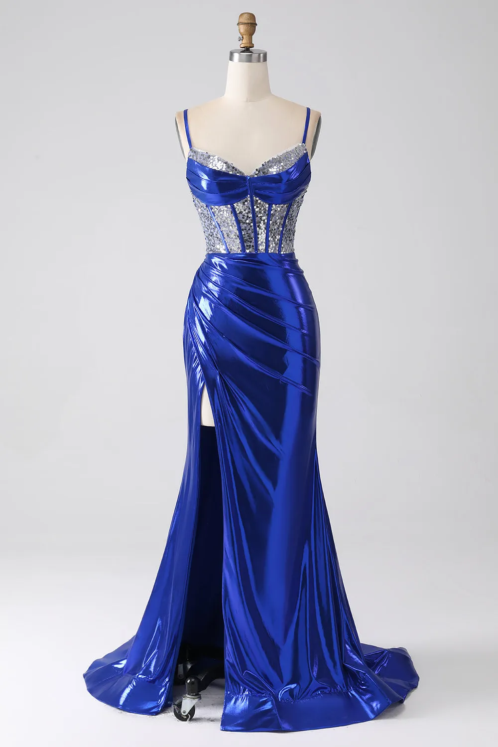 Royal Blue Mermaid Sparkly Paillettes Corsetto Abito da ballo con fessura