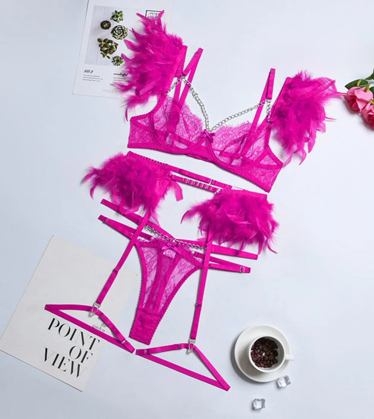 Yimunancy Set esotico in pizzo decorato con piume in 3 pezzi Set di lingerie da donna Set di giarrettiera per mutandine a catena